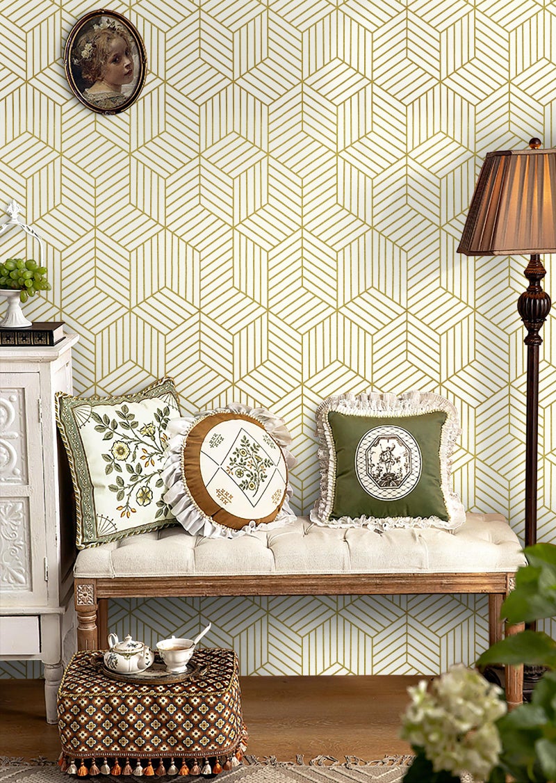 CiCiwind Beige and Gold Peel and Stick Wallpaper Gold Striped Hexagon Contact Paper Removable Self Adhesive Wall Paper Geometric Waterproof Vinyl for Wall Cabinet Shelf Drawer Decor 15.7"x472" - Image 5